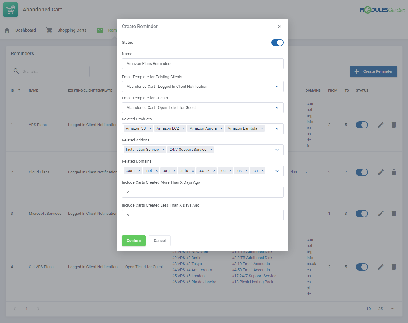 Abandoned Cart For WHMCS: Module Screenshot 7