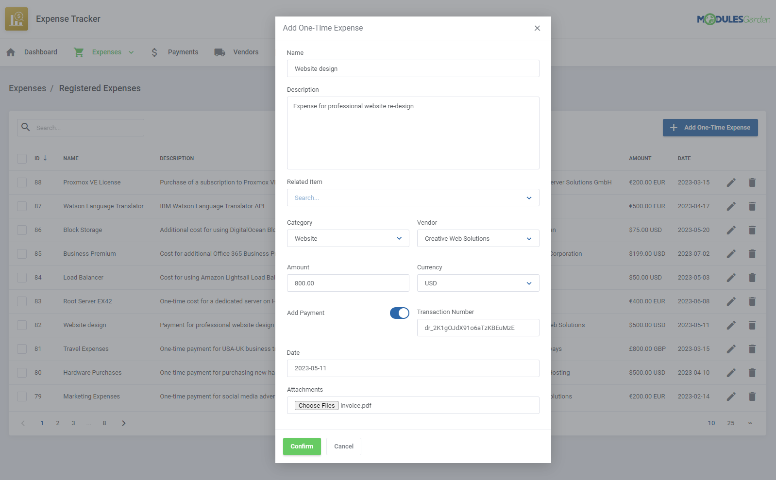 Expense Tracker For WHMCS: Module Screenshot 3