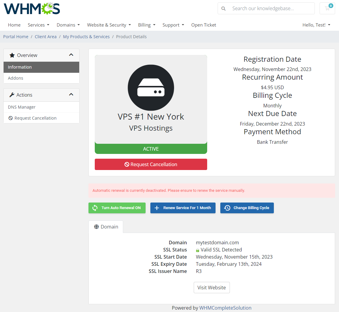 Hosting Renewals For WHMCS: Module Screenshot 1