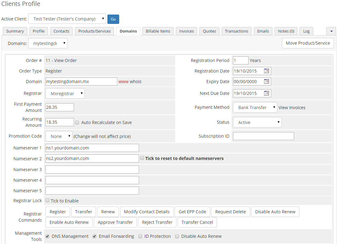 MX Registrar For WHMCS: Screen 3