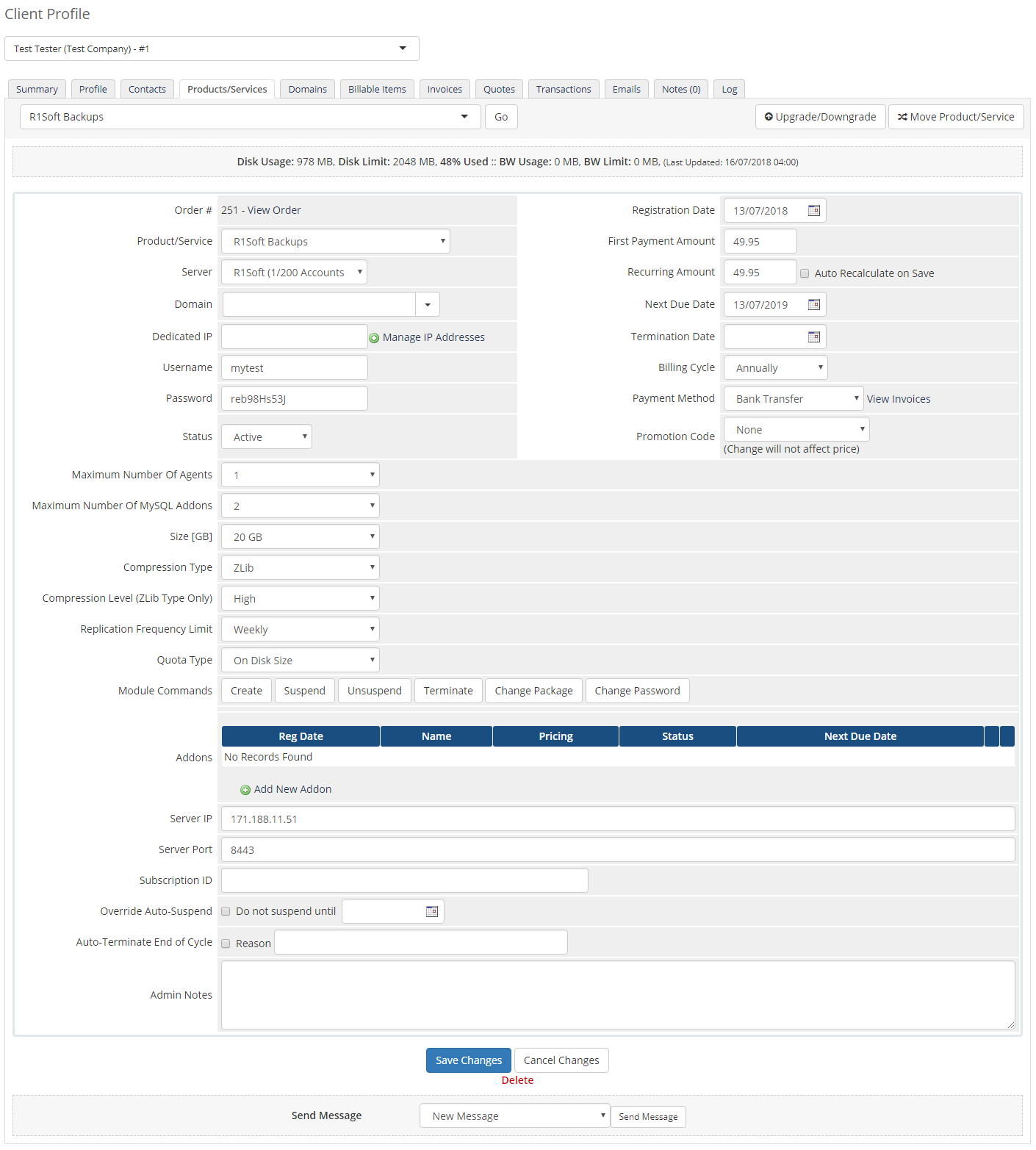 R1Soft Backups For WHMCS: Screen 4