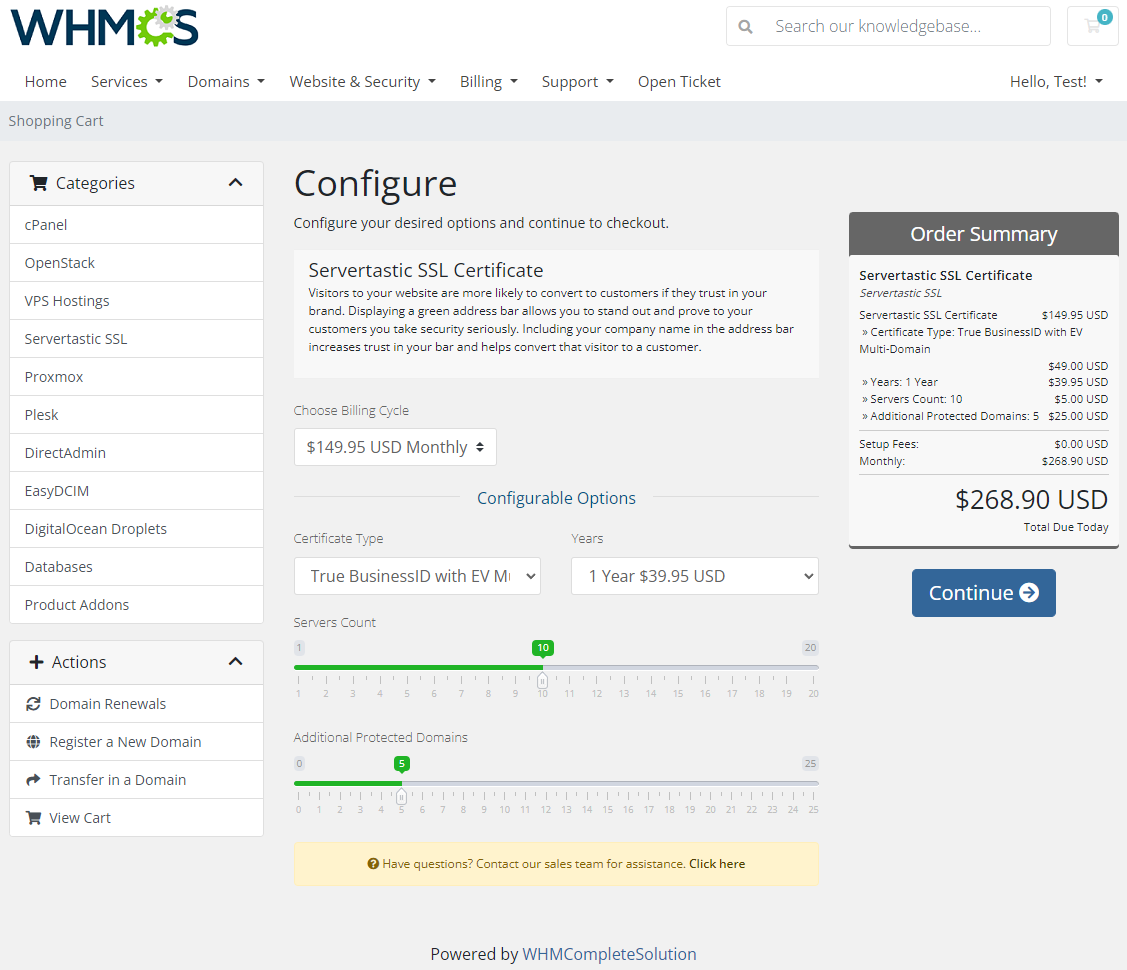 Servertastic SSL For WHMCS: Module Screenshot 1