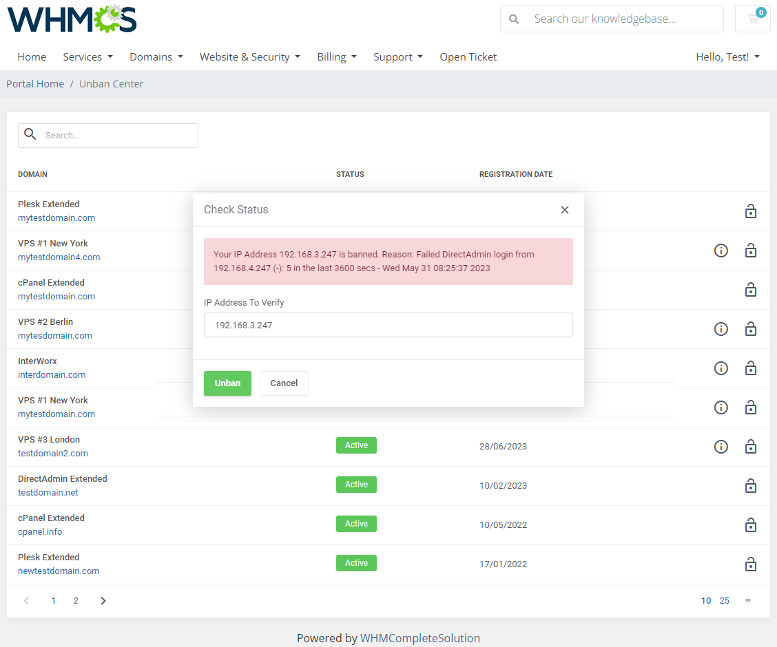 Unban Center For WHMCS: Module Screenshot 1