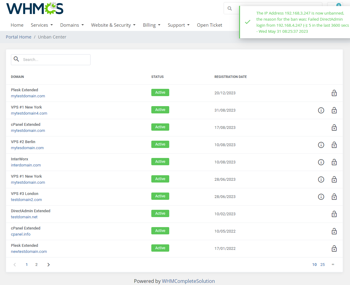 Unban Center For WHMCS: Module Screenshot 2