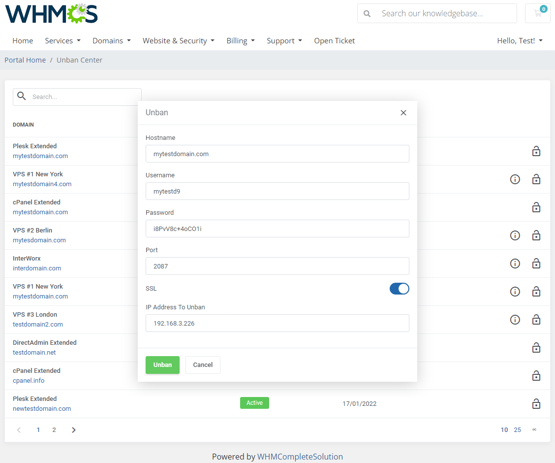 Unban Center For WHMCS: Module Screenshot 3