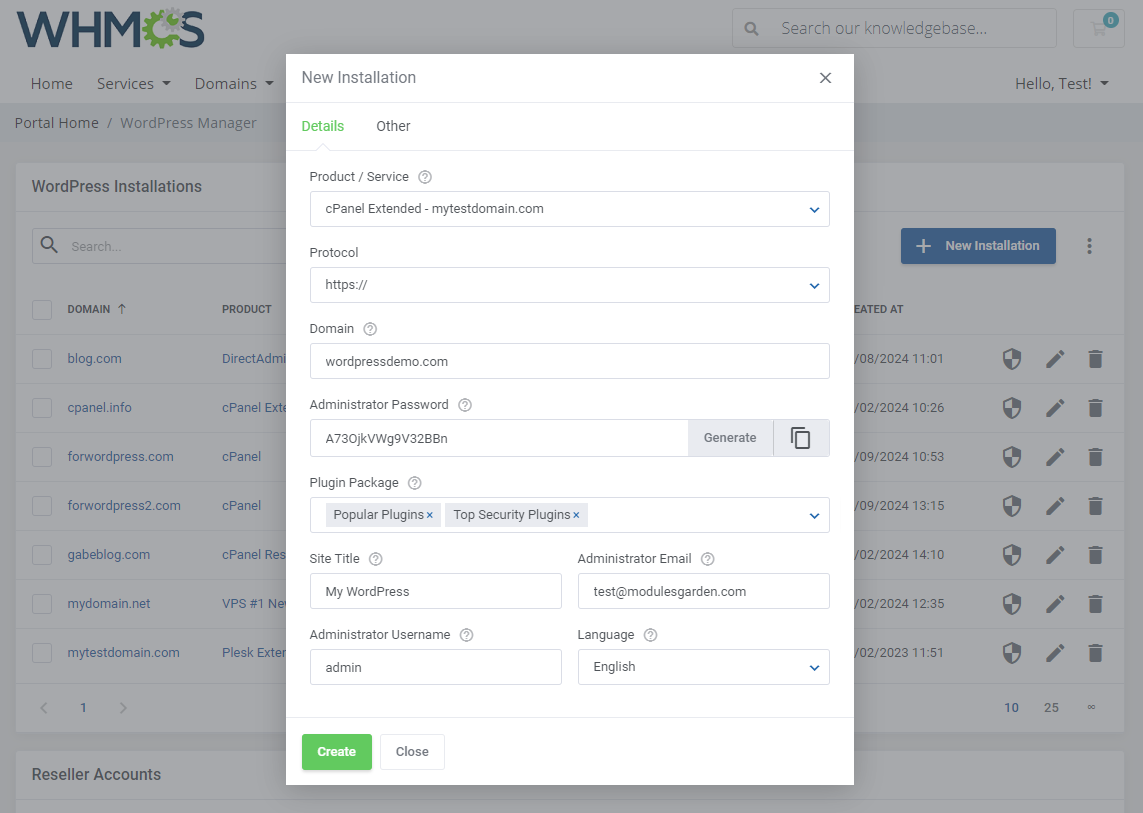 WordPress Manager For WHMCS: Module Screenshot 3